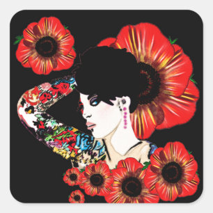 Sticker Carré Fille tatouée parmi les fleurs de pavot Art par Le