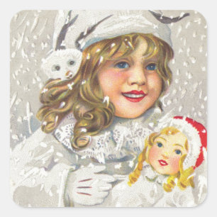 Sticker Carré Fille victorienne de Noël vintage avec poupée dans