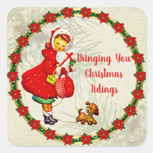 Sticker Carré Fille vintage avec des dons de portage de chien