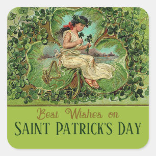 Sticker Carré Fille Vintage de la Saint Patrick avec Shamrock