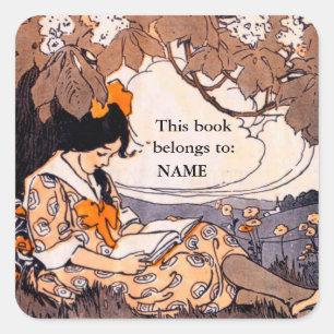 Sticker Carré Fille vintage lisant une plaque de livre