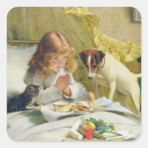Sticker Carré Fille Vintage priant avec l'art de chat et de chie