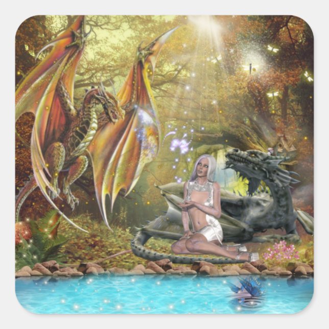 Sticker Carré Fille Vivant Avec Des Dragons (Devant)