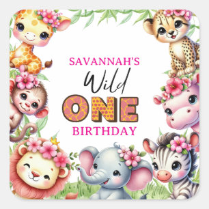Sticker Carré Fille Wild One Safari Jungle Anniversaire