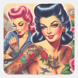 Sticker Carré Filles de tatouage vintage Old School