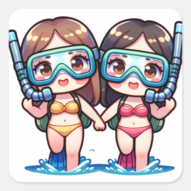 Sticker Carré Filles en snorkeling (Devant)