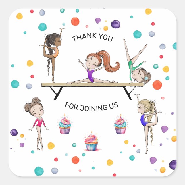 Sticker Carré Filles Gymnastique Cupcake Anniversaire Fête Favor (Devant)