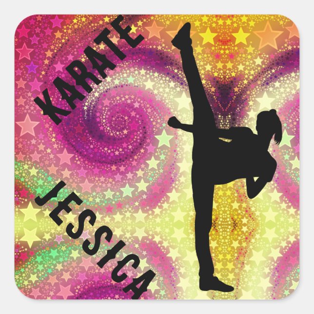 Sticker Carré Filles Karate Tropical Swirl High Kick (Devant)