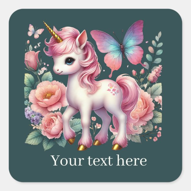 Sticker Carré Filles mignon imaginaire licorne ajouter du texte (Devant)