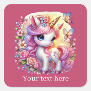 Sticker Carré Filles mignon imaginaire licorne ajouter du texte