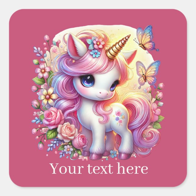 Sticker Carré Filles mignon imaginaire licorne ajouter du texte (Devant)