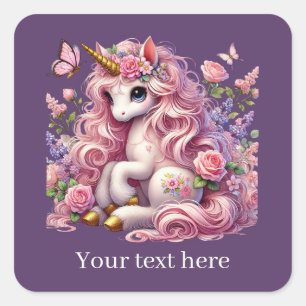 Sticker Carré Filles mignon imaginaire licorne ajouter du texte