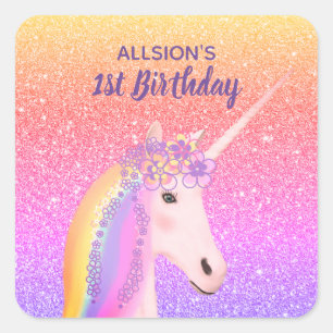 Sticker Carré Filles Premier Anniversaire Unicorne Arc en ciel P