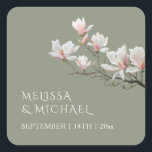 Sticker Carré Fine Art Magnolia Wedding<br><div class="desc">Fine art magnolia sage green wedding sticker with bride and groom names and your wedding date.</div>