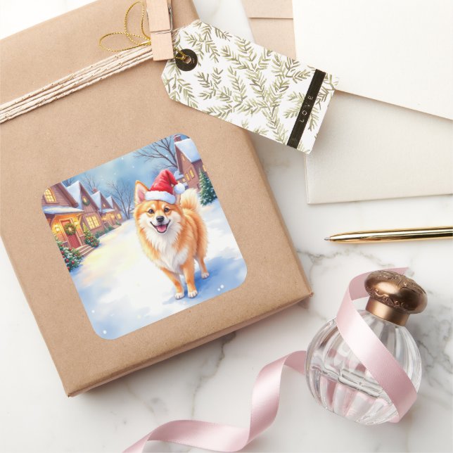 Sticker Carré Finnish Lapphund Snowy Village Santa Hat Christmas (Cadeaux)
