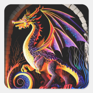 Sticker Carré Fire Dragon Castle Imaginaire Art Mythique Créatur