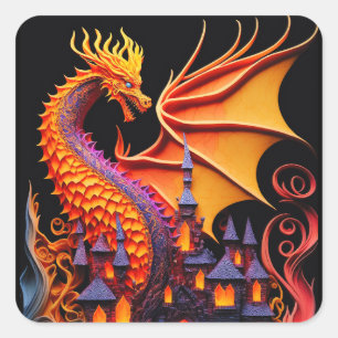 Sticker Carré Fire Dragon Castle Imaginaire Art Mythique Créatur