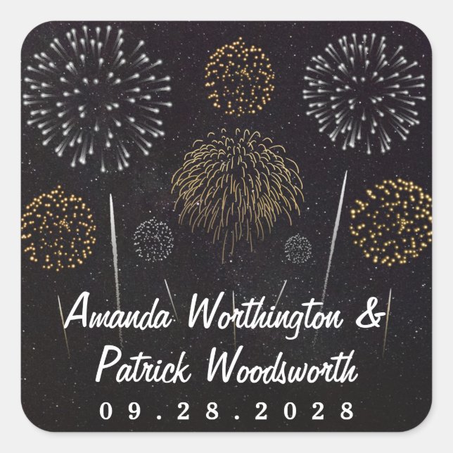 Sticker Carré Fireworks Thème Black Gold Silver Wedding Favorise (Devant)
