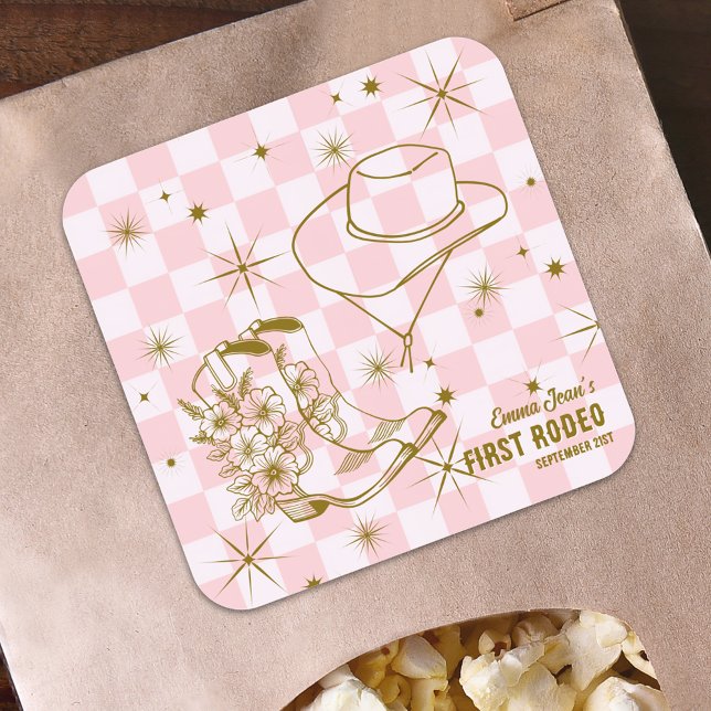 Sticker Carré First Rodeo Pink Brown Cowgirl Boots Hat Birthday (First Rodeo Pink Brown Cowgirl Boots Hat Birthday Square Sticker)