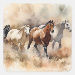 Sticker Carré "Five Gallopoping Mustangs" Dusty Western Watercol