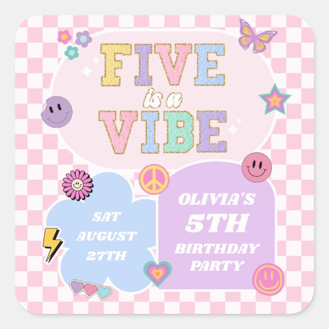 Sticker Carré Five Is A Vibe Preppy Patch 5th Birthday Party (Devant)