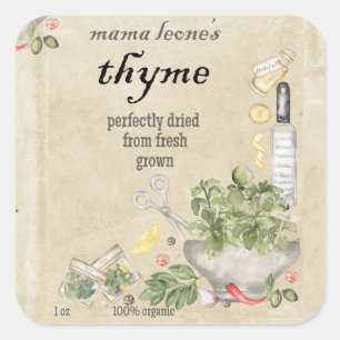 Sticker Carré Flacon de pot de thym épice vintage parchemin 