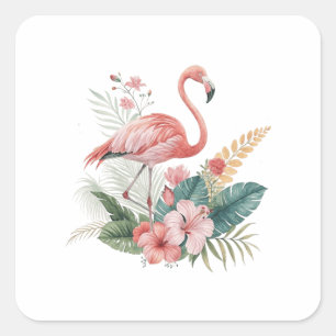 Sticker Carré Flamant aux fleurs
