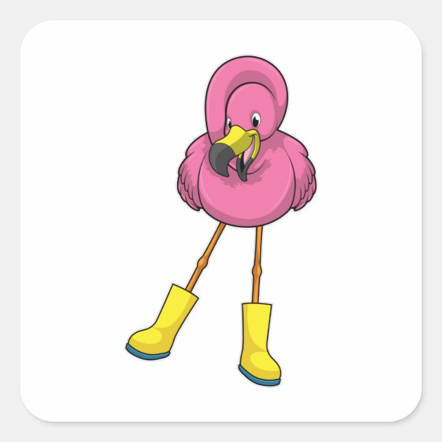 Sticker Carré Flamant rose à la pluie avec bottes en caoutchouc (Devant)