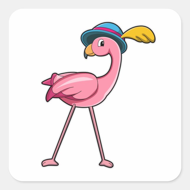 Sticker Carré Flamant rose avec Casquette & Plume (Devant)