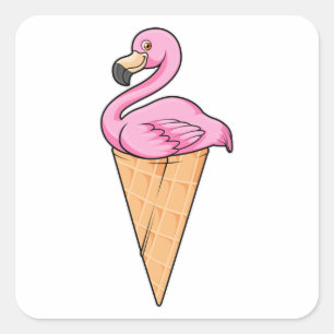 Sticker Carré Flamant rose avec gaufre de glace