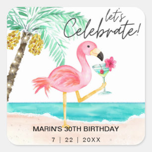 Sticker Carré Flamant rose Beach Cocktail Palm Anniversaire trop