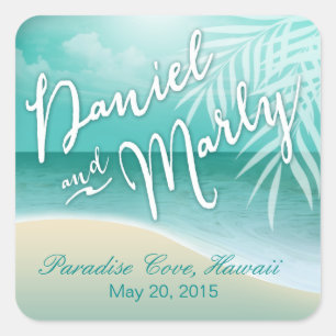 Sticker Carré Flamant rose Beach Wedding Favor   aqua