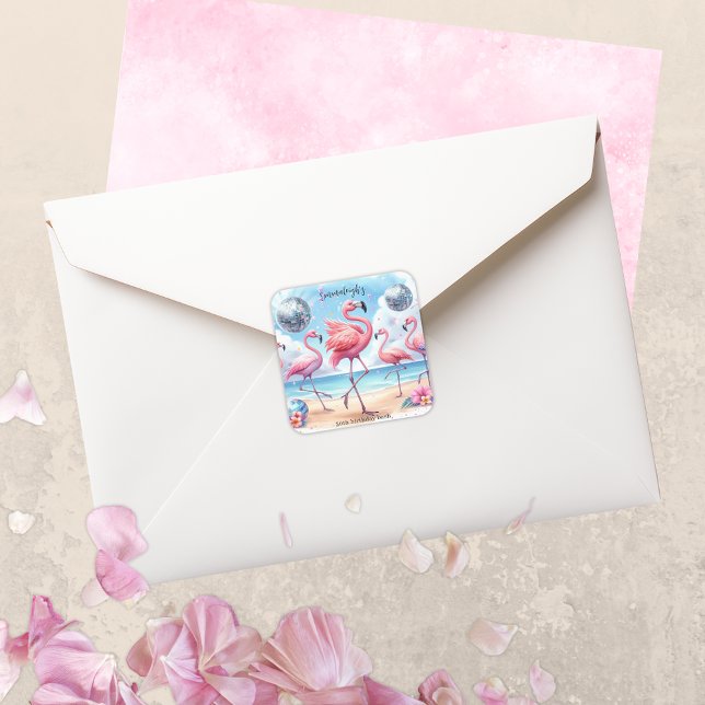 Sticker Carré Flamant rose Birthday Beach Party (Créateur téléchargé)
