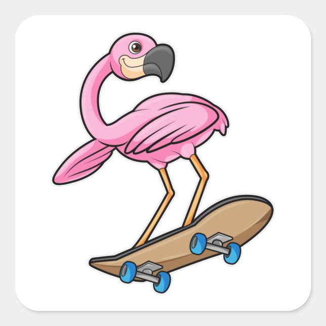 Sticker Carré Flamant rose comme Patineur avec Skateboard (Devant)