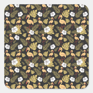 Sticker Carré Flamant rose continu motif fleurs jaune et blanc