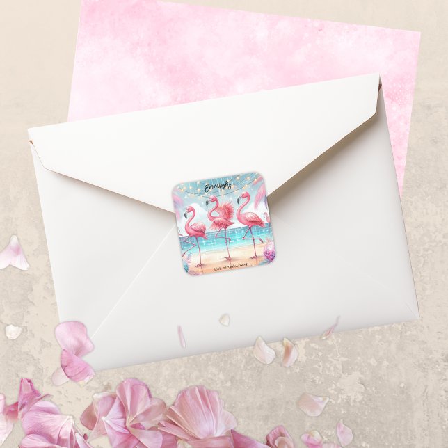 Sticker Carré Flamant rose Danse et fête de fête d'anniversaire (Créateur téléchargé)