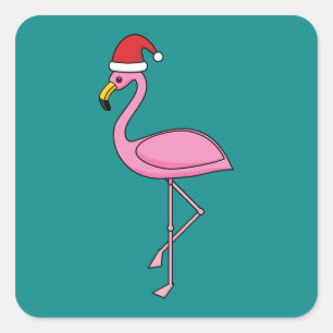 Sticker Carré Flamant rose de Noël avec Santa Hat