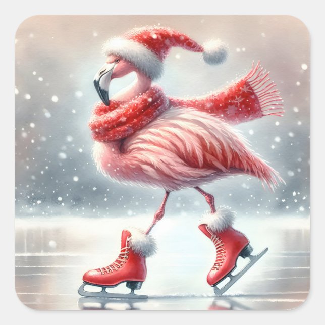 Sticker Carré Flamant rose de Noël festif Patinage sur glace (Devant)