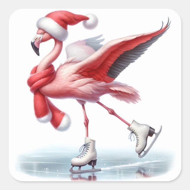Sticker Carré Flamant rose de Noël Patinage sur glace (Devant)
