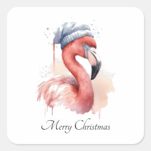Sticker Carré Flamant rose de Noël, personnalisable