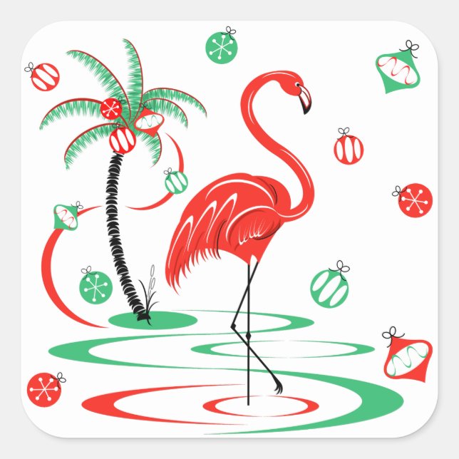 Sticker Carré Flamant rose de Noël rouge Baubles carré (Devant)
