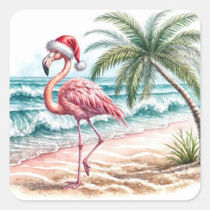 Sticker Carré Flamant rose de Noël sur une plage