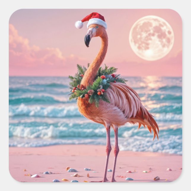 Sticker Carré Flamant rose de Noël sur une plage rose (Devant)