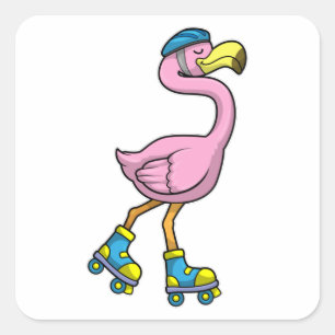 Sticker Carré Flamant rose de patinage avec patins et casque