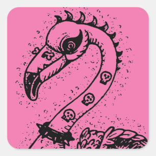 STICKER CARRÉ FLAMANT ROSE DE ROCKER GOTH PUNK, HAULEURS, CHEVEU