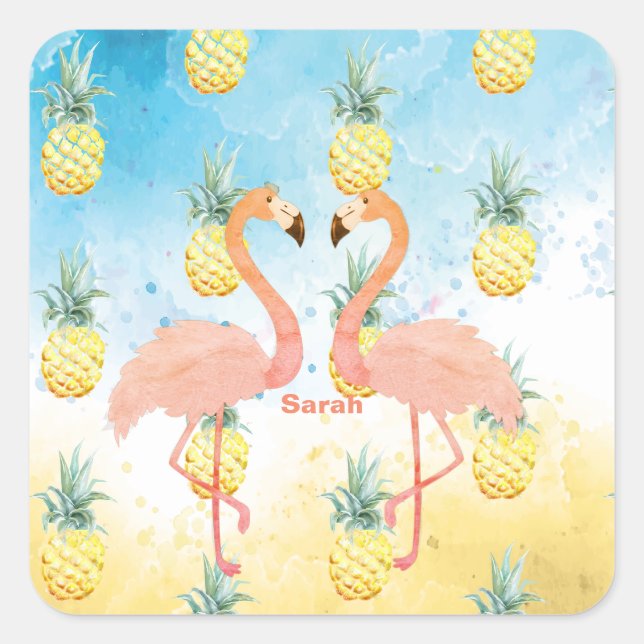 Sticker Carré Flamant rose doux et ananas (Devant)
