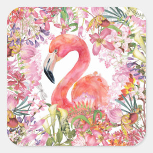 Sticker Carré Flamant rose en Jungle Fleur - Motif d'été