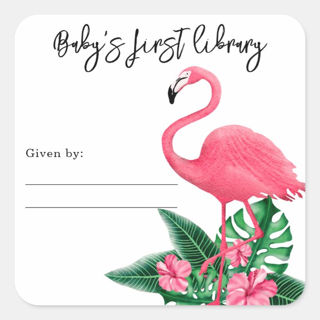 Sticker Carré Flamant rose - la première bibliothèque de bébé (Devant)