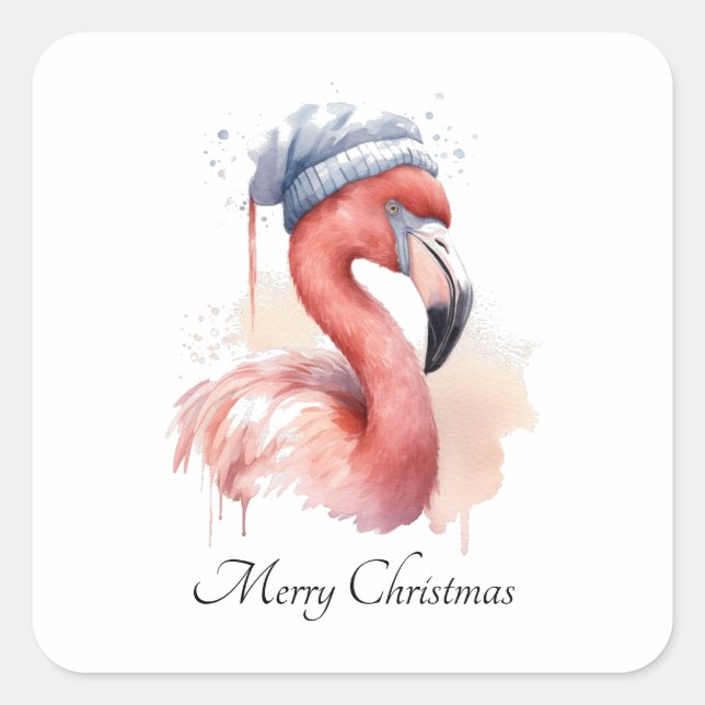 Sticker Carré Flamant rose père Noël Snowbird, personnalisé (Devant)