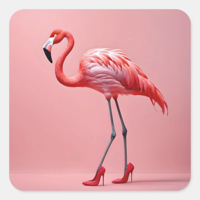 Sticker Carré Flamant rose portant des talons rouges hauts (Devant)
